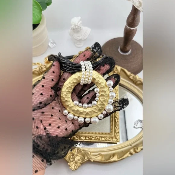 Statement Pendant Necklace | Multi-Strand Black Cord with Gold & Pearl Accents - Picture 8 of 12